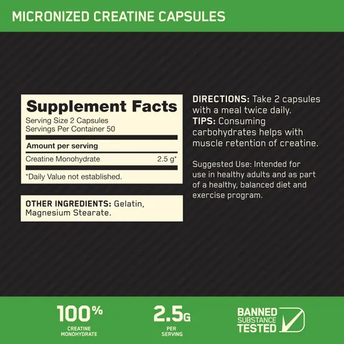 Vista 2 de Optimum Nutrition Cápsulas de monohidrato de creatina micronizada, aptas para Keto, 2500 mg, 100 cápsulas Micronized Creatine Monohydrate