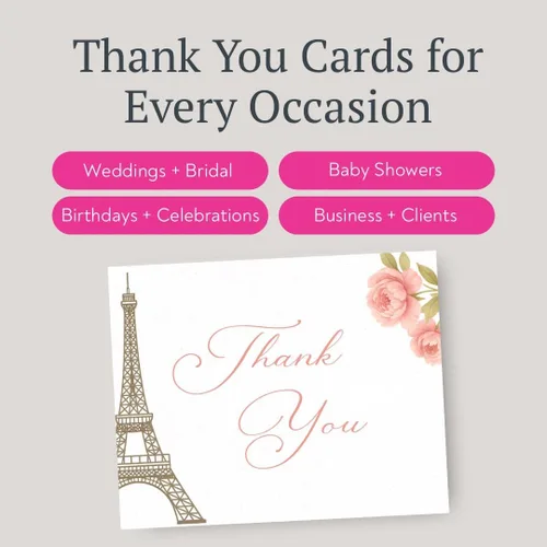 Vista 3 de Merci Thank You Cards - Notas de la Torre Eiffel, notas temáticas francesas con sobres (24 unidades) Merci Thank You Notes With Eiffel Tower For