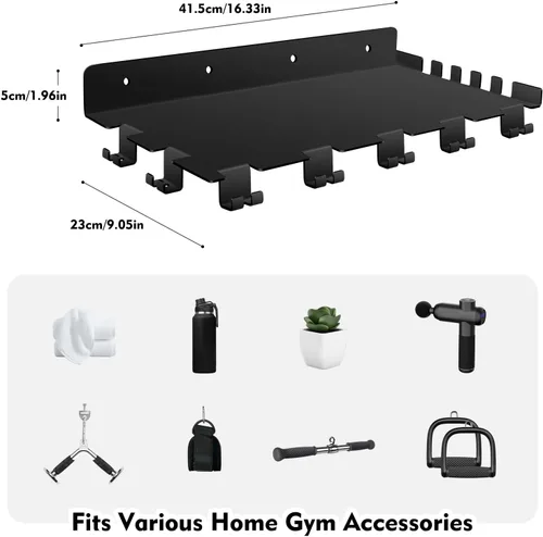 Vista 3 de Estante flotante de 16.5 pulgadas compatible con accesorios tonales, organizador de gimnasio, estantes de pared con ganchos, almacenamiento