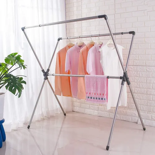 Vista 6 de BAOYOUNI Estante plegable de secado de ropa de acero inoxidable con doble poste, barras expandibles, ahorro de espacio, retráctil, resistente