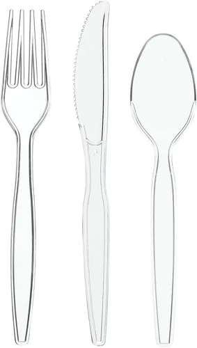Vista 2 de GUSTO [Paquete combinado de 360 unidades] cubiertos básicos de plástico transparente, utensilios desechables pesados, 180 tenedores, 120 cucharas