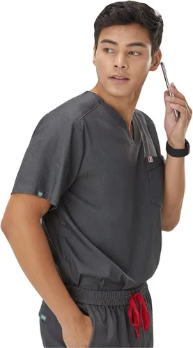 Vista 3 de Mediclo Camisa médica médica para hombre - Crevan Essential 3 bolsillos Eco amigable con el medio ambiente FYSEL tela con cuello en V camisa ropa