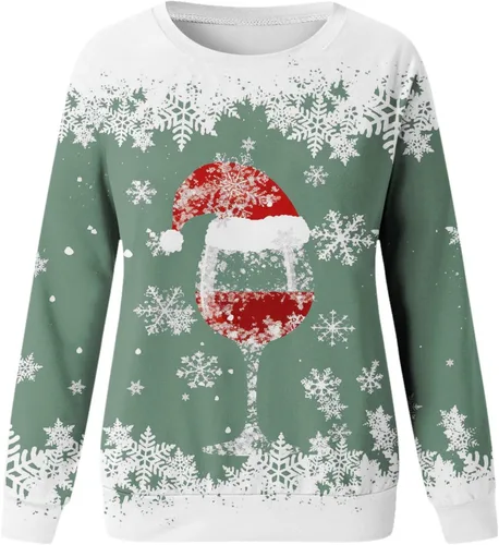 Vista 2 de Rvidbe Suéter feo de Navidad para mujer, estampado de copa de vino tinto, casual, cuello redondo, manga larga, sudaderas