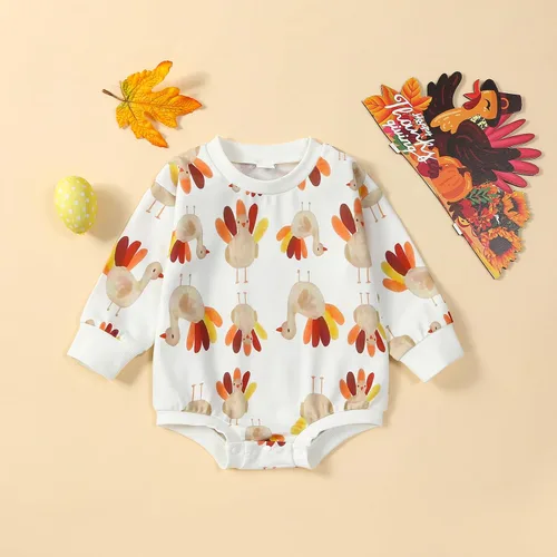 Vista 5 de FYBITBO Thanksgiving Baby Girl Boy Outfit Turkey Pullover Sweatshirt Romper Long Sleeve Onesie Cute Fall Clothes Mameluco Tukey Beige