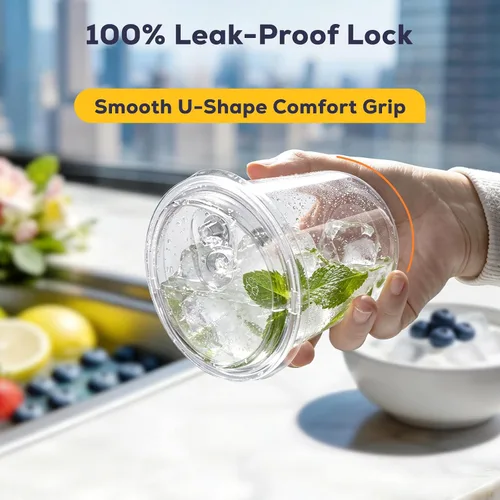 Vista 5 de Fit Meal Prep Paquete de 100 vasos de plástico transparente de fondo redondo de 12 onzas con tapas sin popote, tazas de café helado desechables
