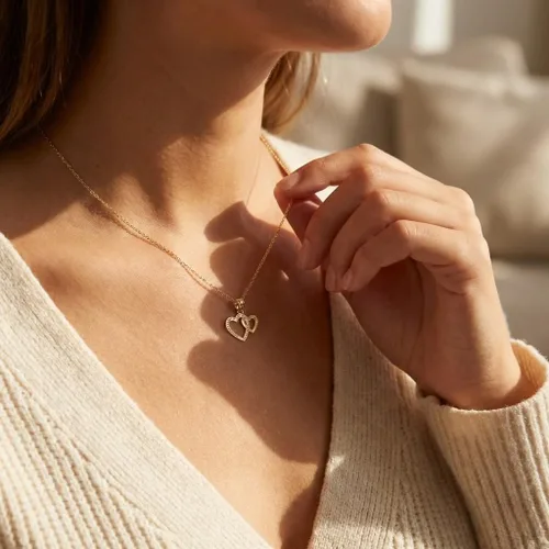 Vista 4 de Colgante de corazón doble de oro - Oro macizo de 10 quilates - Colgante de corazón - Joyería
