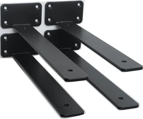Vista 45 de Paquete de 2 soportes de estante en L ocultos negros de 6 pulgadas (1/5 pulgadas de grosor) soportes flotantes de hierro para estantes industriales