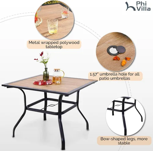 Vista 2 de PHI VILLA Juego de comedor al aire libre de 5 piezas para 4, mesa de comedor cuadrada de metal y sillas de mimbre de ratán con cojines, muebles