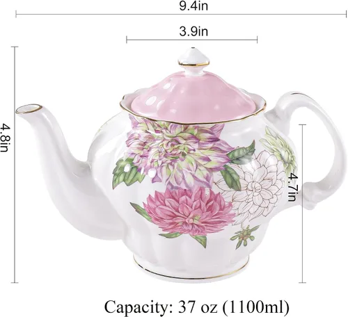 Vista 10 de Tetera de porcelana de hueso, teaset inglés, diseño floral de dalia con borde dorado, 37 onzas