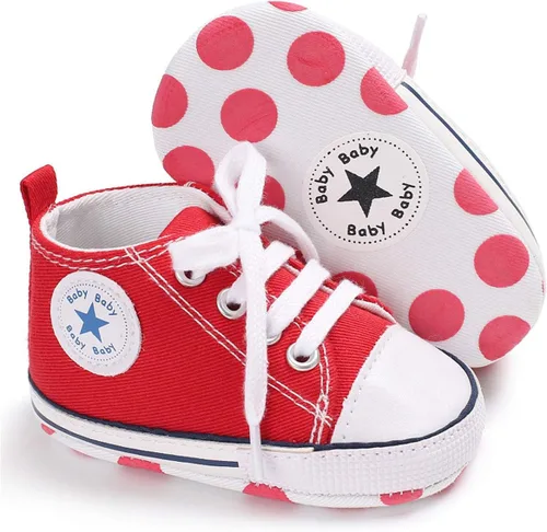 Vista 4 de KIDSUN - Zapatos deportivos unisex de caña alta para bebés, mezclilla de lona, suela antideslizante, suaves, para los primeros pasos