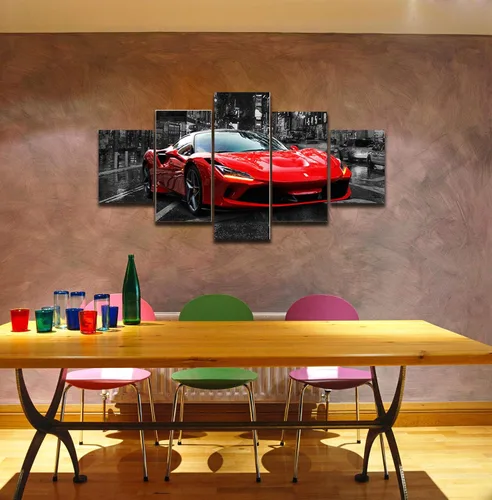 Vista 7 de Póster de pared en blanco y negro, 5 piezas, diseño de automóvil deportivo rojo grande, lienzo para habitación de niños, dormitorio, sala de estar