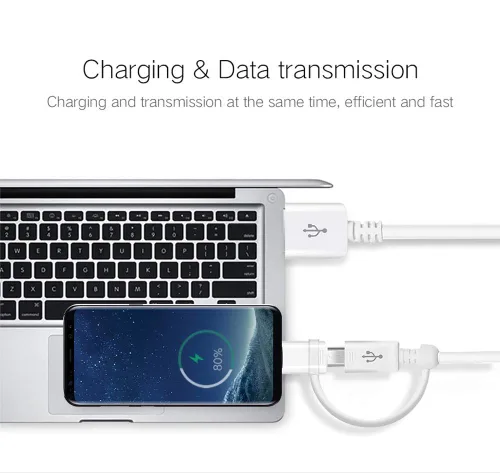 Vista 2 de Cable de datos USB de 5 A completo funciona para DJI Osmo Action con adaptador MicroUSB y USB tipo C para velocidades de carga rápida dual Blanco