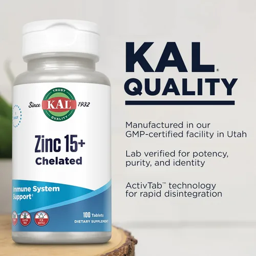 Vista 4 de KAL Zinc 15+ con betaína HCl y minerales traza, metabolismo saludable y apoyo a la función del sistema inmunológico, quelado para absorción