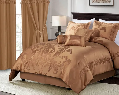 Vista 18 de Chezmoi Collection Juego de edredón floral de jacquard Royale de 7 piezas, matrimonial/doble, negro/dorado