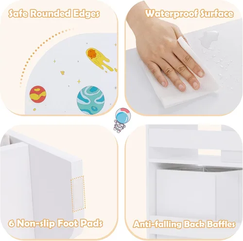 Vista 4 de Costzon Organizador de juguetes y libros para niños, estantería de almacenamiento de madera con 5 estantes abiertos, 2 cajas de almacenamiento y 3