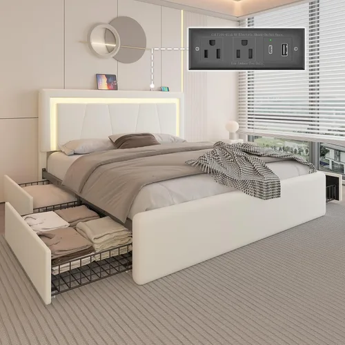 Vista 12 de Base de cama tamaño individual con 4 cajones de almacenamiento, luz LED, tapizado negro Platform Bed, Charging Station, Adjustable Headboard, PU