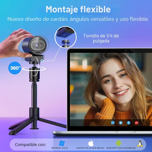 Vista 2 de EMEET Cámara web S600 4K con trípode para transmisión, sensor Sony de 1/2.55 pulgadas, enfoque automático PDAF, 1080P @60FPS, 2 micrófonos