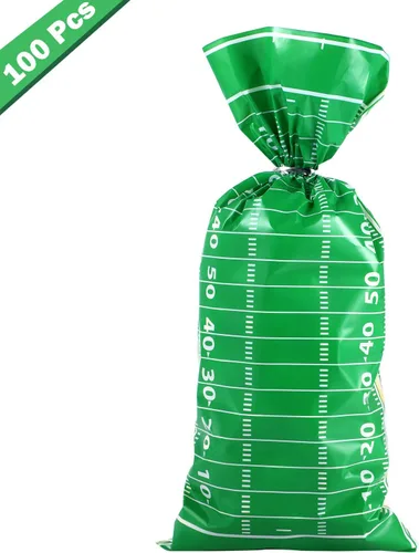 Vista 3 de Blulu 100 bolsas de golosinas de fútbol de celofán sellables con calor y lazos plateados para decoración de fiesta de cumpleaños temática de fútbol
