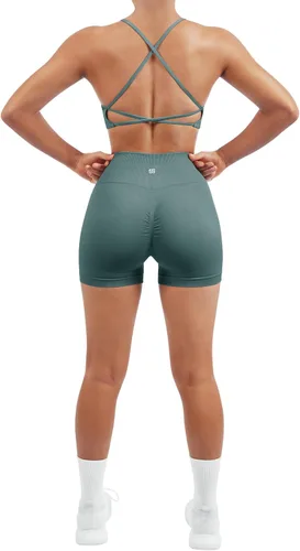 Vista 5 de SUUKSESS Conjuntos de Entrenamiento Sin Costuras para Mujer, Sujetador Deportivo con Tirantes, Shorts de Cintura Alta y con Realce de Glúteos