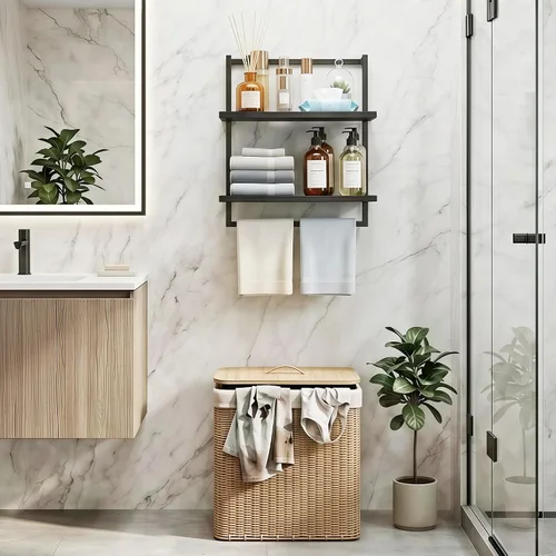 Vista 2 de Toallero montado en la pared para baño, soporte de almacenamiento de baño, estante de toalla de madera de acero de 3 niveles con barra, negro