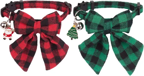Vista 11 de PTDECOR Paquete de 2 Collares Navideños para Gatos, Collar de Gato Navideño con Corbatín y Campanilla Desmontables, Collares Navideños de Liberación