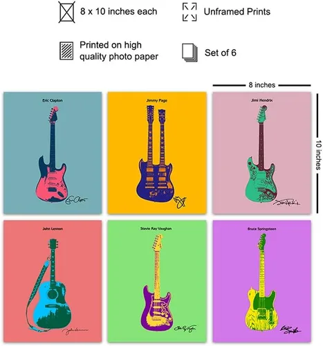 Vista 2 de Decoración de pared de guitarra - Jimi Hendrix, Stevie Ray Vaughan, Eric Clapton, Springsteen, Lennon - Juego de pósteres de arte pop de Andy Warhol