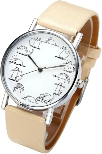 Vista 4 de Top Plaza Fashion - Reloj analógico de cuarzo para mujer, chapado en platino y mini gato, correa de piel sintética, tono dorado - verde menta