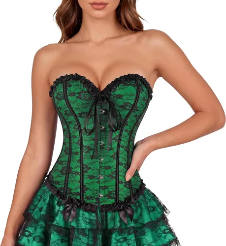 Vista 18 de Zhitunemi - Corsés para disfraz de vampiro para mujer: Corsé floral para mujer, trajes de Moulin, burlesque Beige