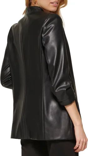 Vista 3 de DKNY Chaqueta de cuero vegano con manga 34 para mujer, Negro