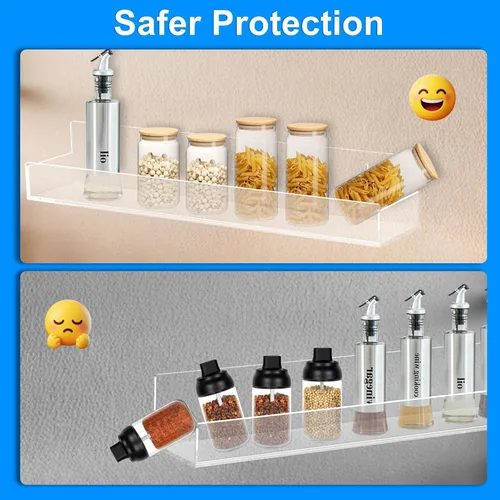 Vista 2 de Estante de especias acrílico transparente montado en la pared, estante flotante de 15 pulgadas con protectores de extremo extraíbles para armario