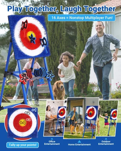 Vista 3 de Sidske Axe Throwing Game for Backyard, 8 Axes & 8 Stars, Bristle Target Azul