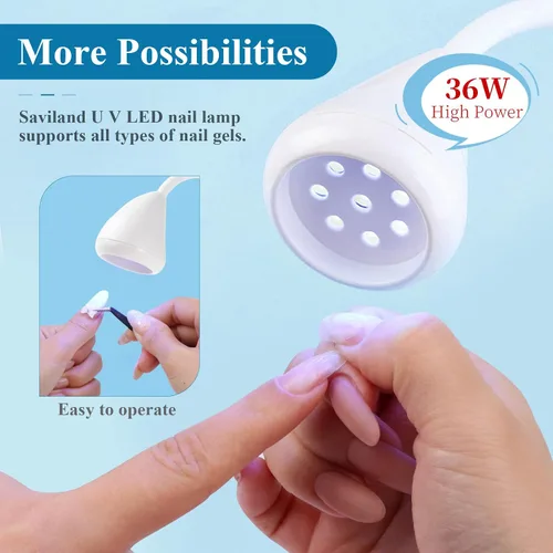 Vista 4 de SAVILAND Lámpara LED UV para uñas: Mini luz UV de 36 W para uñas de gel con soporte para cepillo de uñas, lámpara de uñas de gel y luz de curación