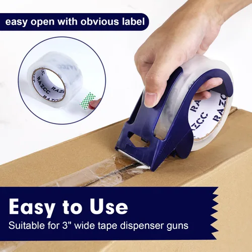 Vista 6 de RAZCC Cinta de embalaje, 12 rollos de cinta de embalaje transparente resistente con dispensadores para embalaje, envío, mudanza y correo, cinta