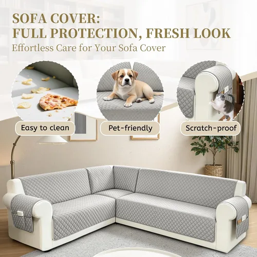 Vista 5 de Fundas para sofá seccional para perros 100% impermeables, cubierta de esquina en forma de L, de terciopelo lavable, antideslizante, para mascotas