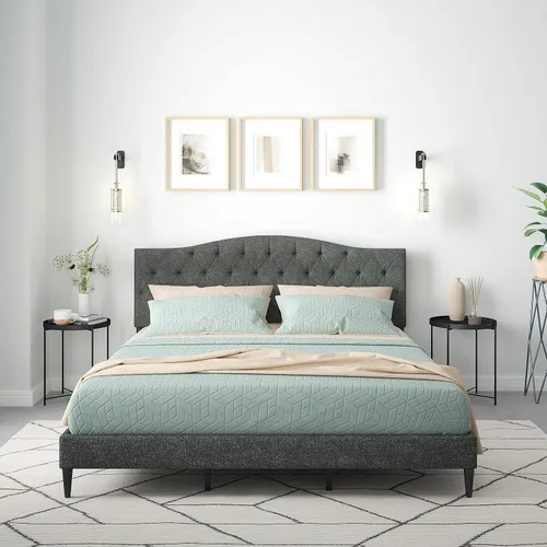Vista 9 de Glenwillow Home OROS - Marco de cama tapizado con plataforma copetuda, respaldo copetudo, base de colchón, soporte de listones de madera, no Gris
