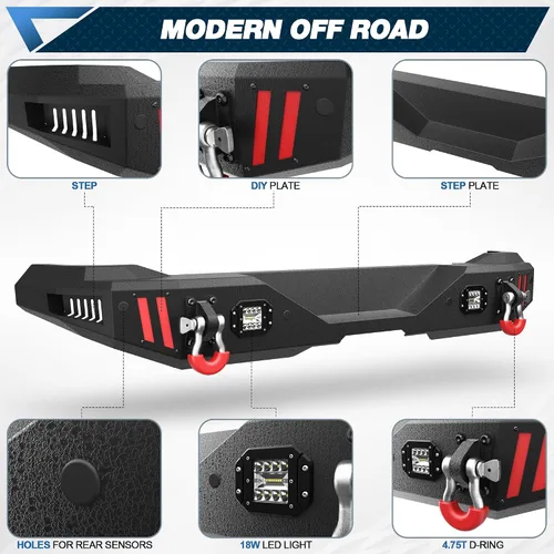 Vista 2 de Parachoques trasero para Ford Bronco 2021-2025 con textura negro de ancho completo con anillo en D y luces LED Textured Black Full Width Step