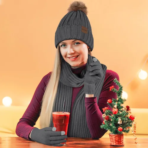 Vista 5 de Gorros de invierno para mujer, conjunto de gorro, bufanda, guantes cálidos para pantalla táctil, bufandas largas de punto, gorro con pompones