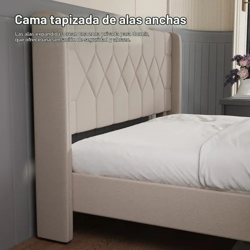 Vista 4 de Avenco Base de cama de tamaño matrimonial, cama tapizada con cabecero alado, fácil montaje sin herramientas y almacenamiento debajo de la cama