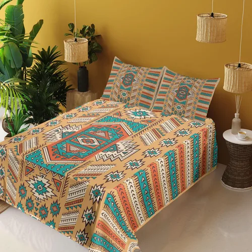 Vista 5 de Ambesonne Tribal Sheet Set, Secret Tribe Pattern in Bohemian Style, Fitted and Flat Sheet with Pillowcases Bedding Accent 4 Piece Set, Queen