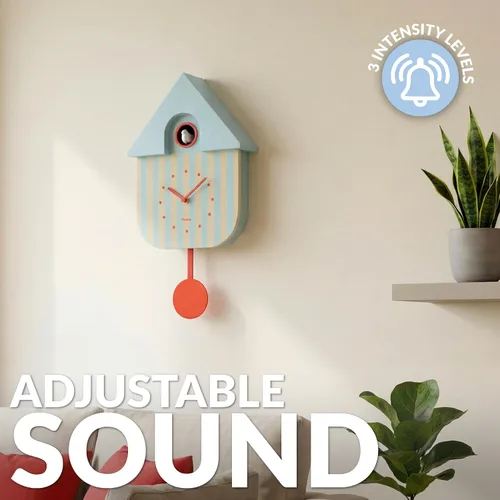 Vista 4 de Fisura - Reloj de pared de cuco a rayas azules y beige con esfera roja - Reloj de pared decorativo moderno, regalo único de decoración del hogar