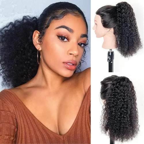 Vista 2 de Cola de Caballo de Cabello Humano Corto Rizado Crespo Envolvente con Clips Extensiones de Cola de Caballo de Pasta Mágica 120g/juego Pieza