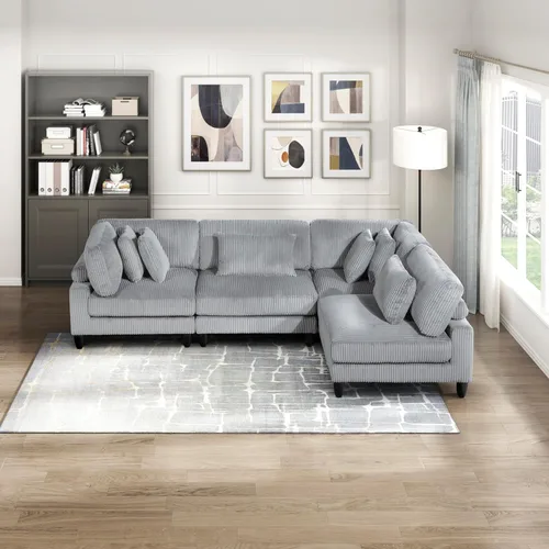 Vista 34 de Lexicon Sofá modular de 120 pulgadas, sofá modular de microfibra de gran tamaño de 4 plazas en forma de L, 6 almohadas decorativas y arreglo Beige