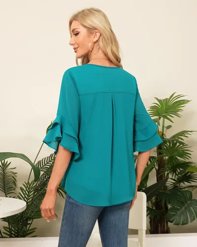 Vista 4 de VALOLIA Blusas de manga 34 para mujer, blusas elegantes y casuales de negocios de doble capa