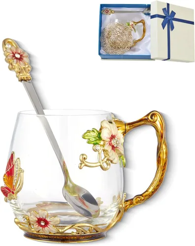 Vista 12 de Taza de té con flores, taza de café de vidrio con mariposa y margarita, con cuchara, caja de regalo para su mamá, esposa, abuela, niñas, amigas