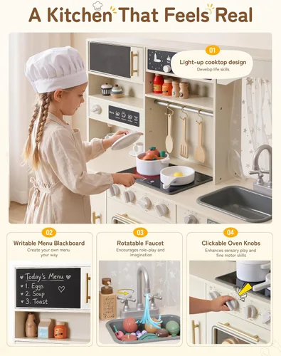 Vista 4 de besrey Juego de cocina para niños, juego de cocina de madera para niños con luces y sonidos reales, cocina de juguete para niños pequeños