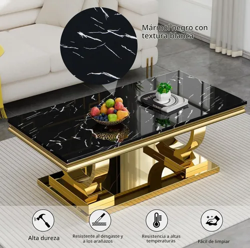 Vista 4 de SSLine Mesa de Centro Rectangular de Mármol Sintético para Sala de Estar, Mesa Central Moderna de Mármol Negro de Lujo con Base de Pedestal Dorada