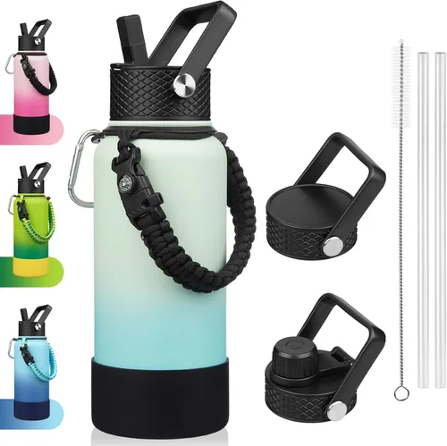Vista 54 de BJPKPK - Botella de agua con tapa de popote, botellas de agua aisladas de 18 onzas con 3 tapas, asa de cuerda de paracaídas y base antideslizante
