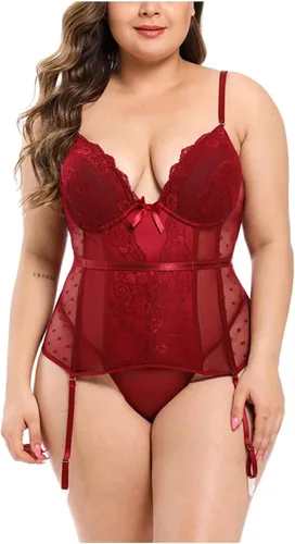 Vista 2 de RHWHOGLL Lencería de talla grande para mujer para sexo travieso de malla de encaje babydoll body con cuello en V transparente de peluche moldeador 9