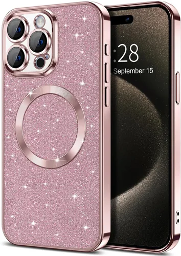 Vista 7 de Hython para iPhone 16 Funda con chispas brillantes, fundas transparentes magnéticas con protector de lente de cámara [Compatible con MagSafe]