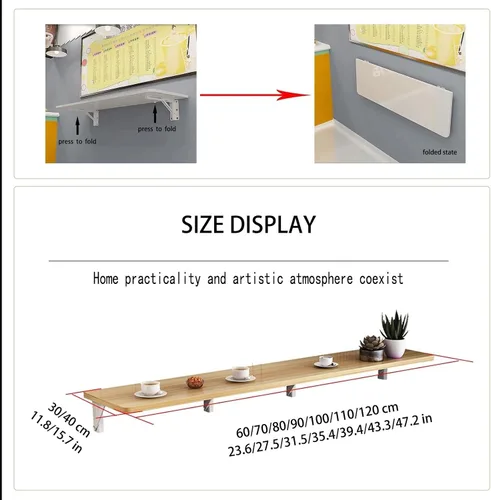 Vista 7 de Mesa de comedor plegable montada en la pared, mesa plegable de madera, mesa larga y estrecha, adecuada para tienda de té con leche, mesa de bar